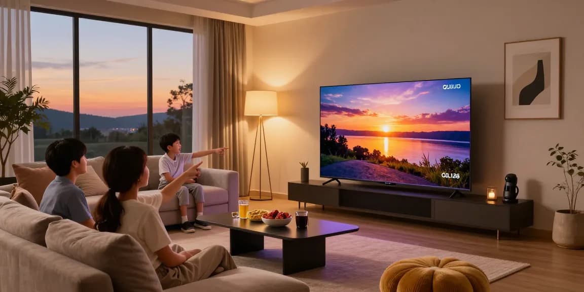 Family enjoying a movie night with an OLED TV 2026 in a modern living room.