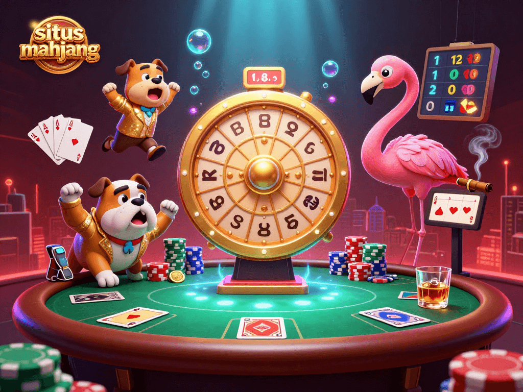 Experience thrilling wins at situs mahjong with an exciting scene featuring a game show host and vibrant game elements.