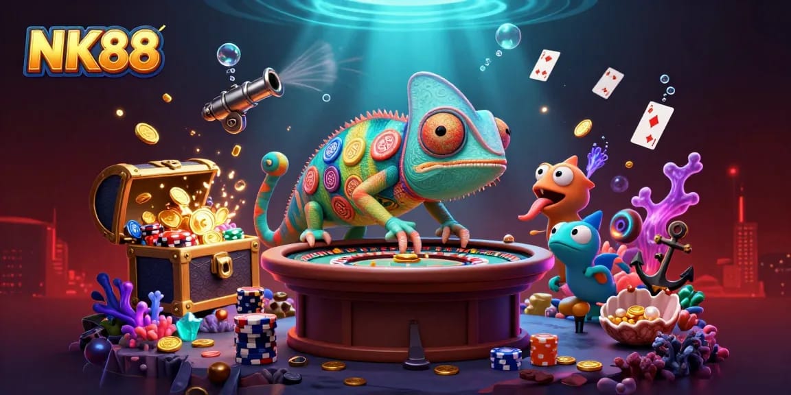 Engage with NK88, where the chameleon casino owner oversees a dynamic gaming scene filled with treasures.