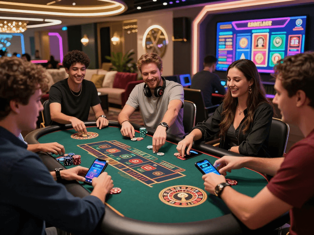 Exciting crypto casino scene featuring friends playing games, with vibrant digital interfaces and high-tech decor.