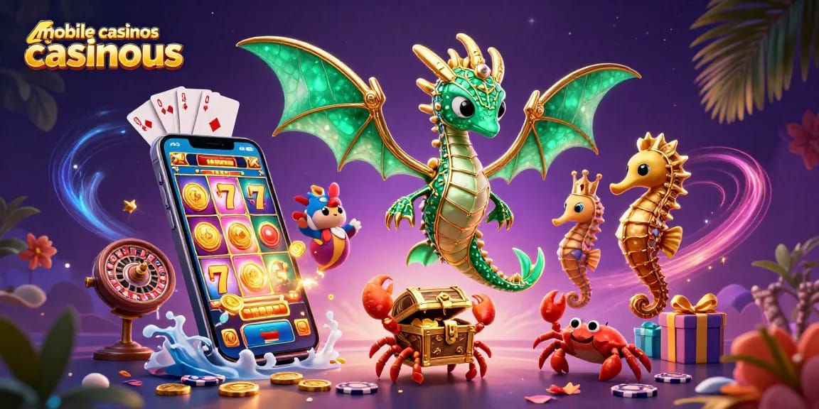 Engaging 3D scene showcasing mobile casinos casinous with vibrant gaming elements and mythical sea characters.