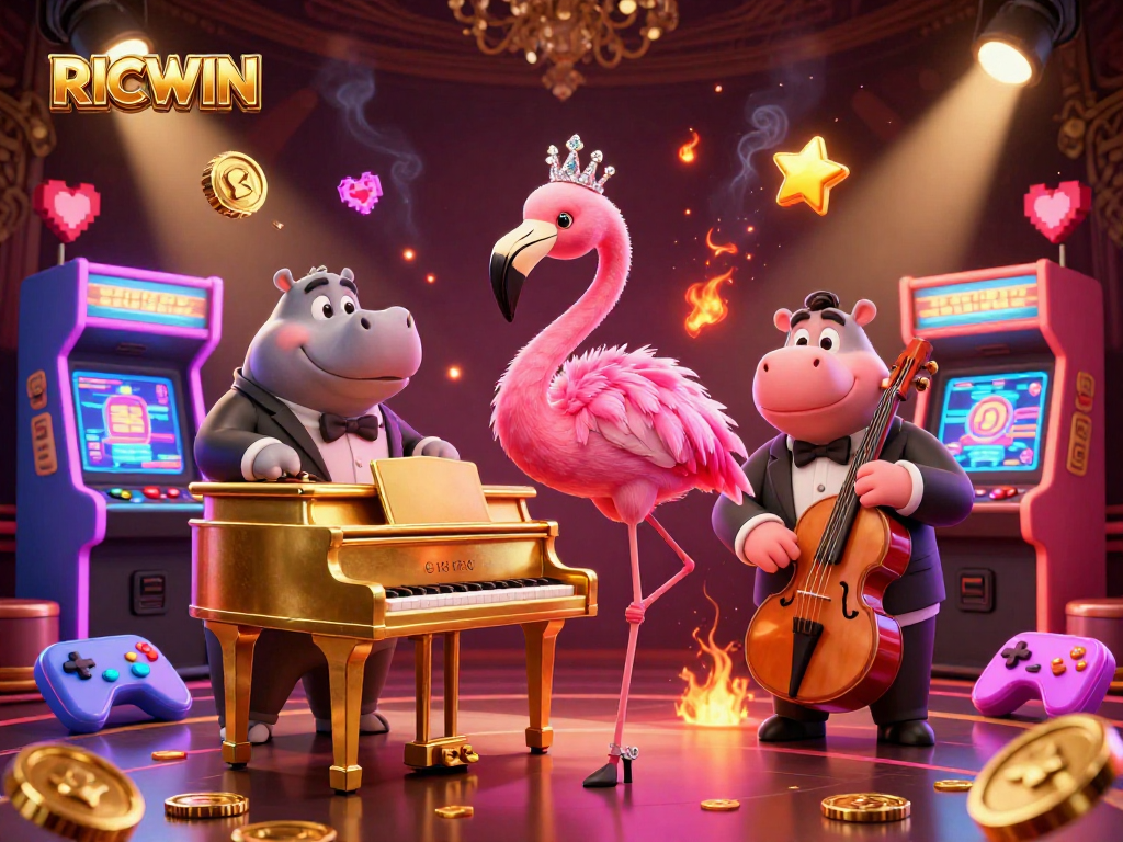 Join RICWIN at the vibrant casino scene with a flamingo singer and hippo bassist showcasing arcade excitement.