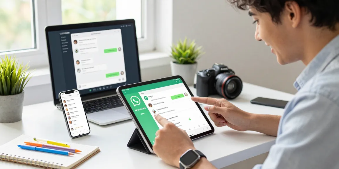 Professional using WhatsApp下載 on tablet in a bright workspace, showcasing digital communication tools and vibrant atmosphere.