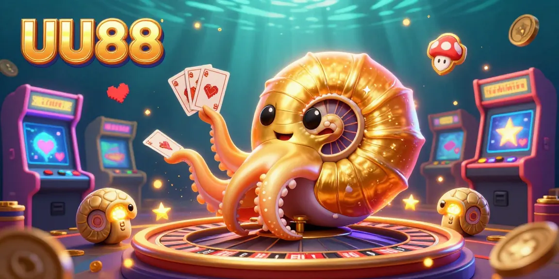 Experience the excitement of winning at UU88 with a vibrant 3D casino scene featuring a giant nautilus roulette wheel.