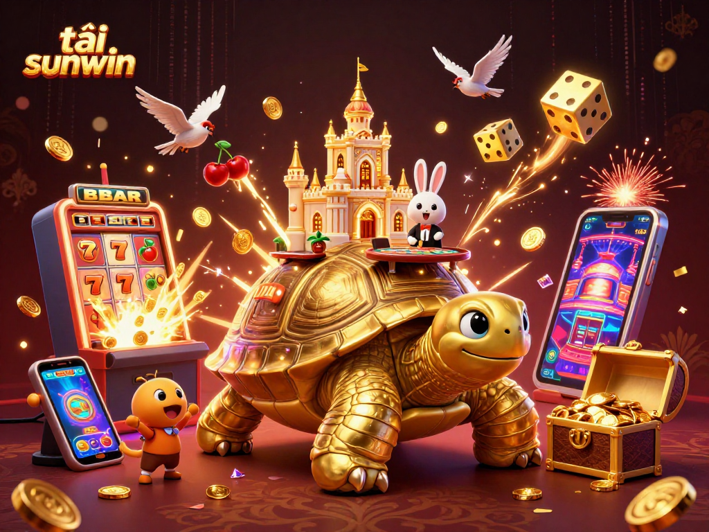 Engage with tải sunwin through an exciting 3D scene featuring a golden tortoise casino, vibrant elements, and lively characters.