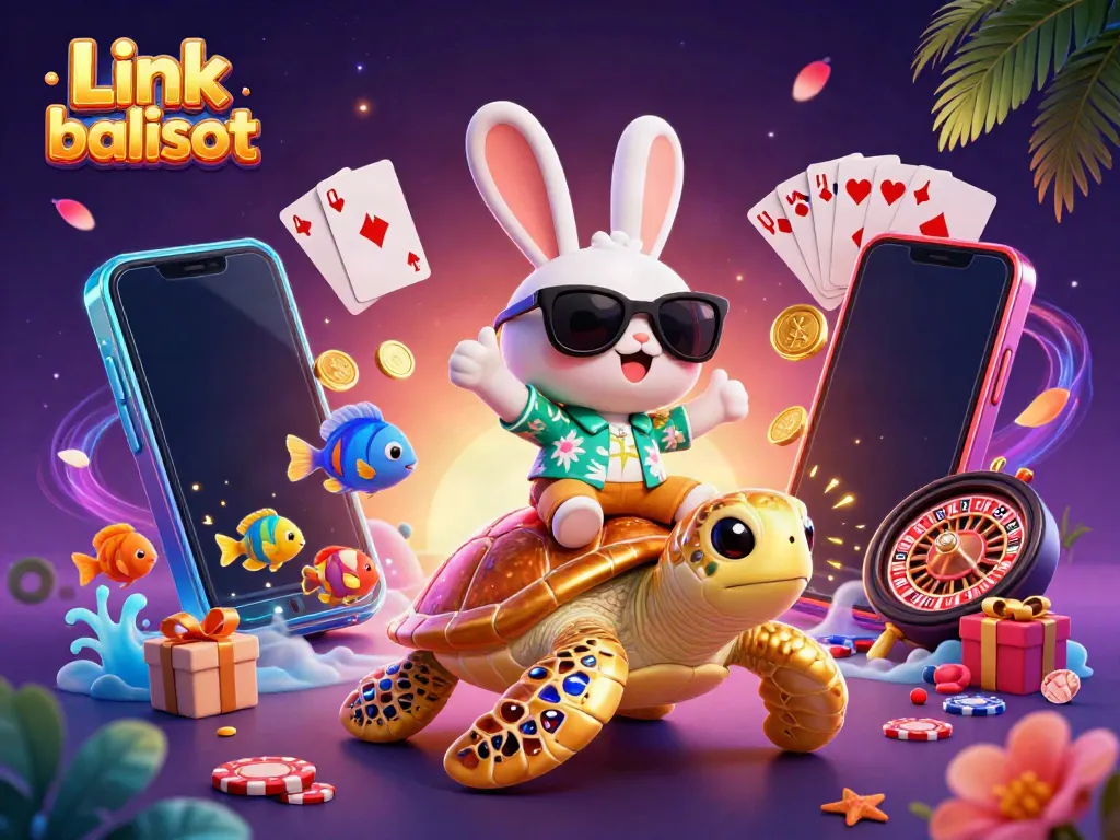 Engage with Link balislot in a vibrant 3D casino scene featuring cartoon characters and gaming elements.