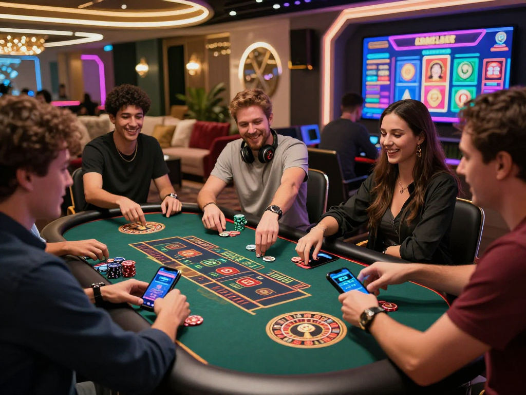Exciting crypto casino scene featuring friends playing games, with vibrant digital interfaces and high-tech decor.