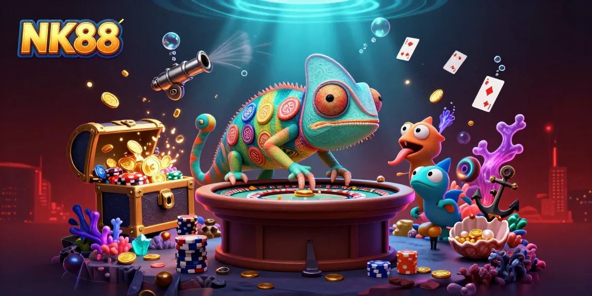 Engage with NK88, where the chameleon casino owner oversees a dynamic gaming scene filled with treasures.