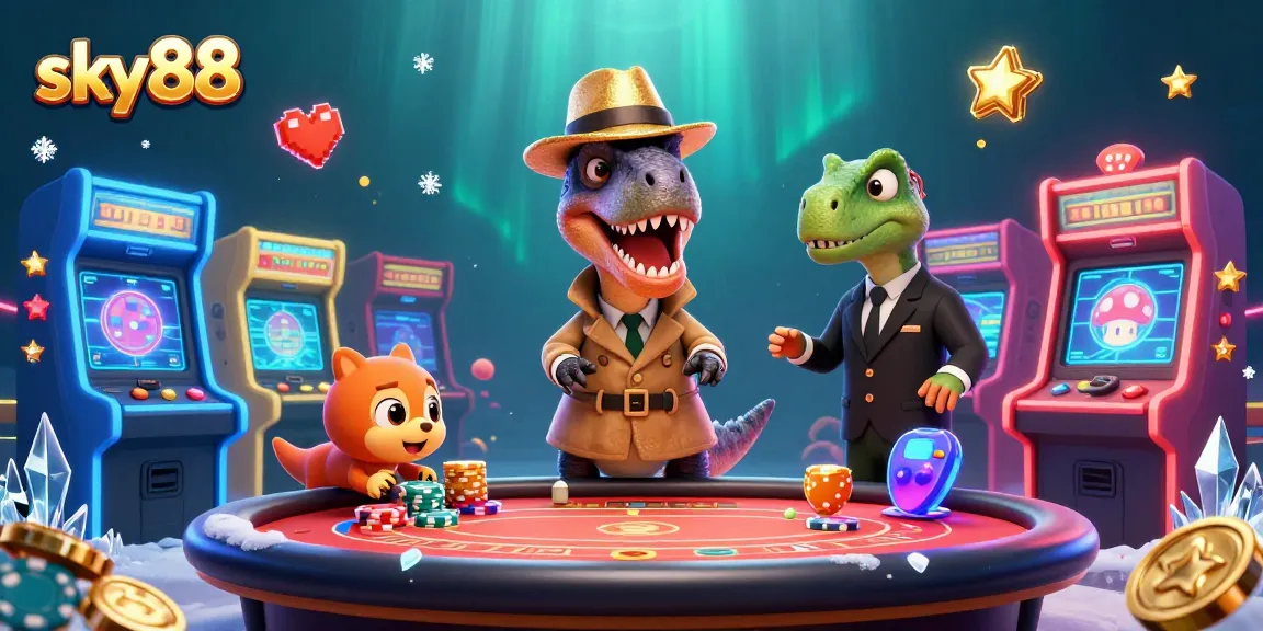 Experience thrilling gameplay with sky88 at a blackjack table featuring a velociraptor card counter and dynamic casino elements.