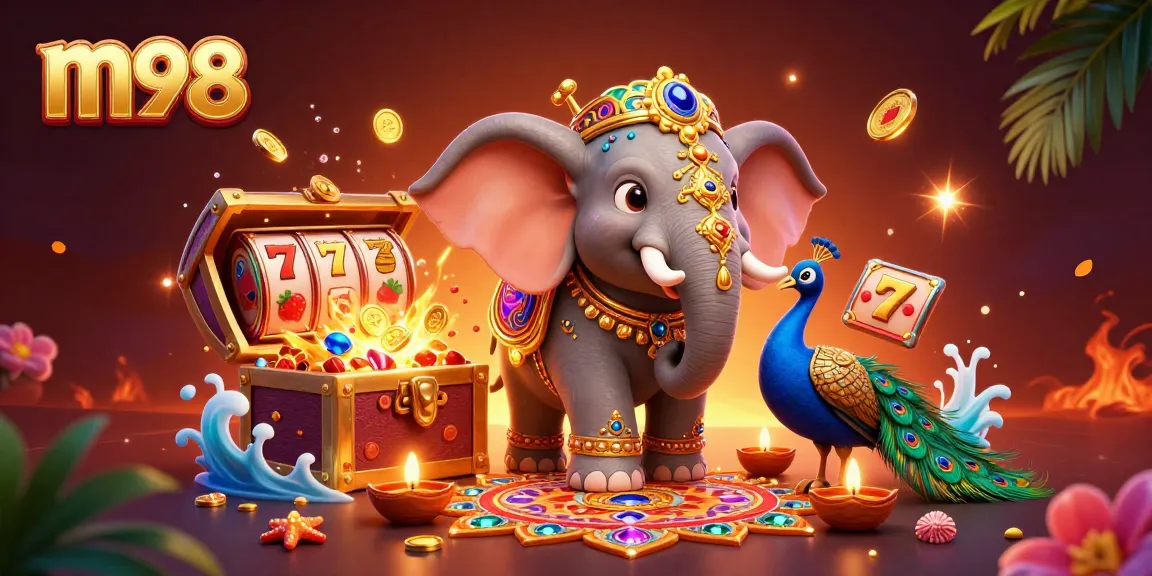 Immerse in m98 casino with a vibrant 3D illustration featuring an elephant and a peacock surrounded by slots.