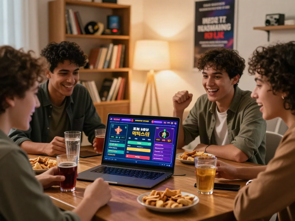 Friends engaged in an exciting live betting session on a verified 토토사이트 검증 먹튀스팟 platform, creating a vibrant home gaming atmosphere.