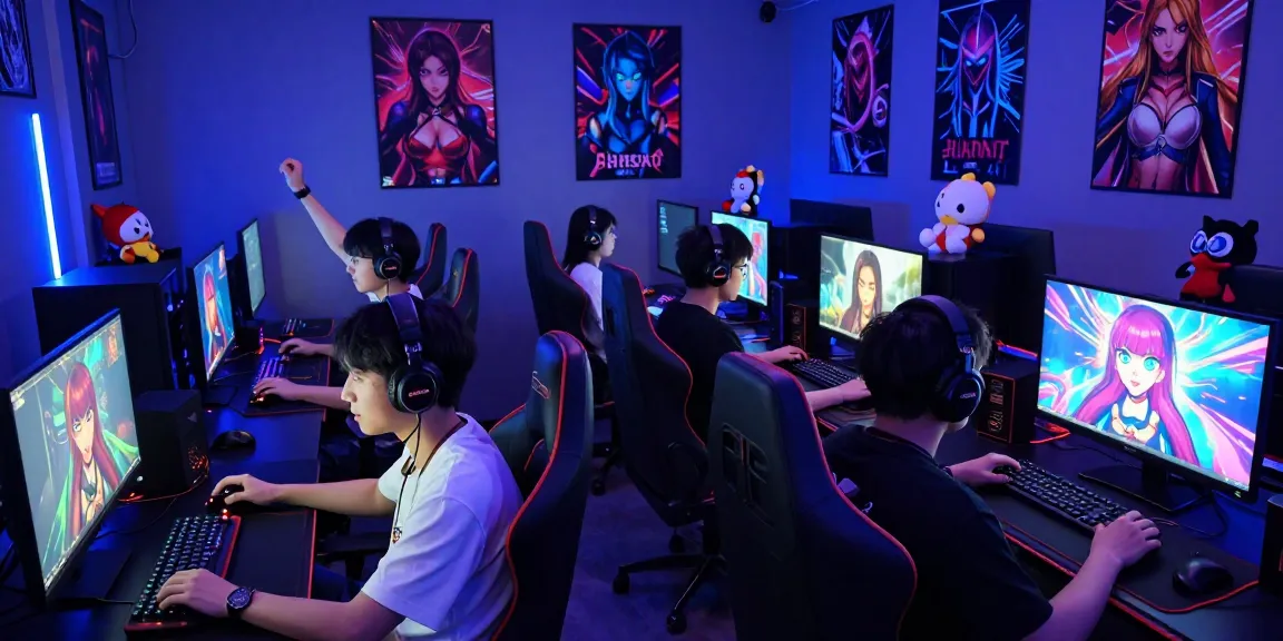 Engaged gamers playing mind control hentai games in a vibrant setting with colorful visuals.