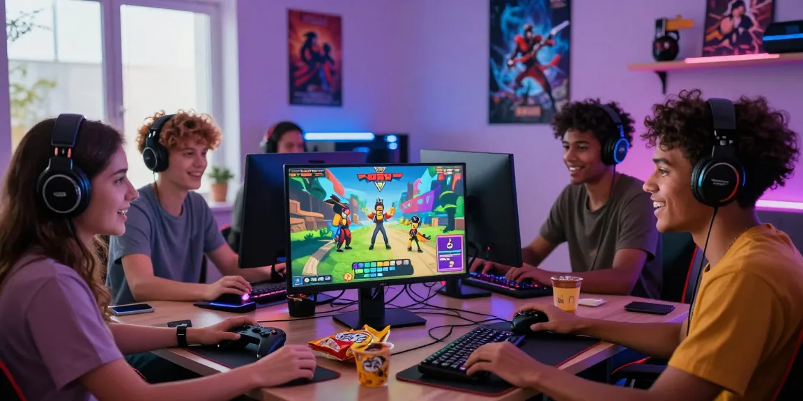 Engaged friends playing free porn games online in a lively gaming room atmosphere.