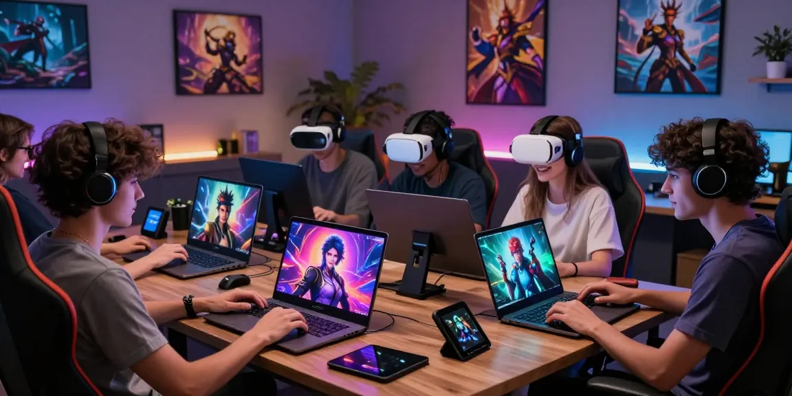Dynamic scene depicting users enjoying ai nsfw chat with customizable characters in a modern gaming lounge.