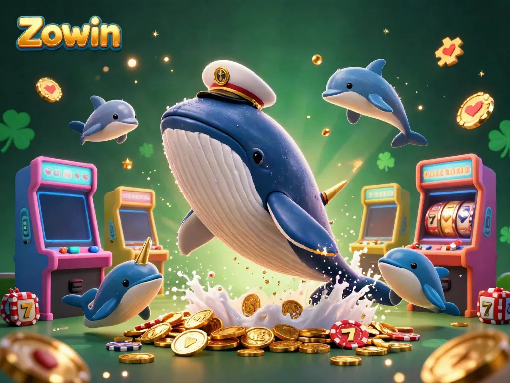 Zowin presents an exciting casino scene with a giant whale, narwhal, and dolphins surrounded by game elements.