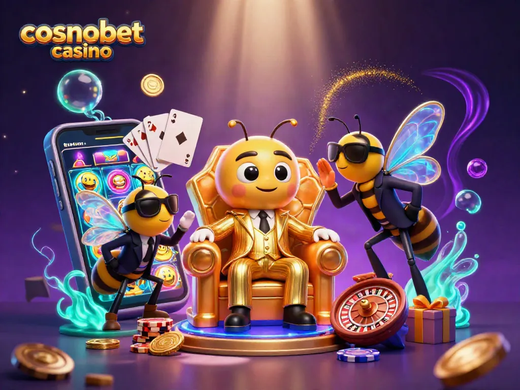 Experience the vibrant world of cosmobet casino with an animated scene showcasing a bumblebee mob boss and game elements.