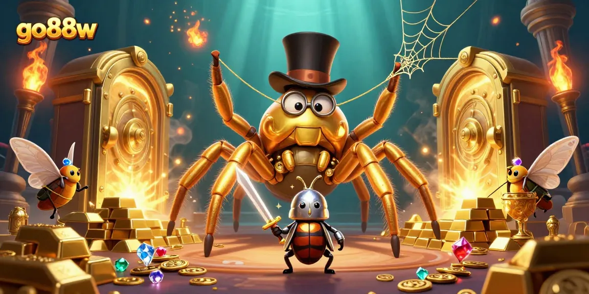 Engage with go88w's thrilling gaming world featuring a majestic golden tarantula and enchanting characters.
