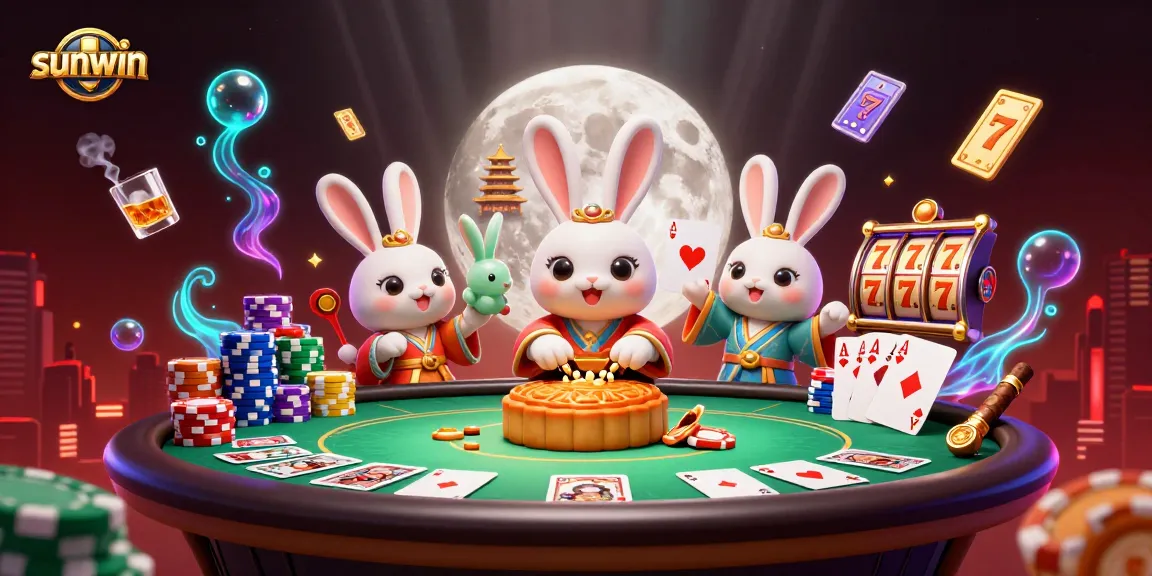 Experience thrilling gameplay at Sunwin with moon rabbits surrounded by poker chips and casino elements.