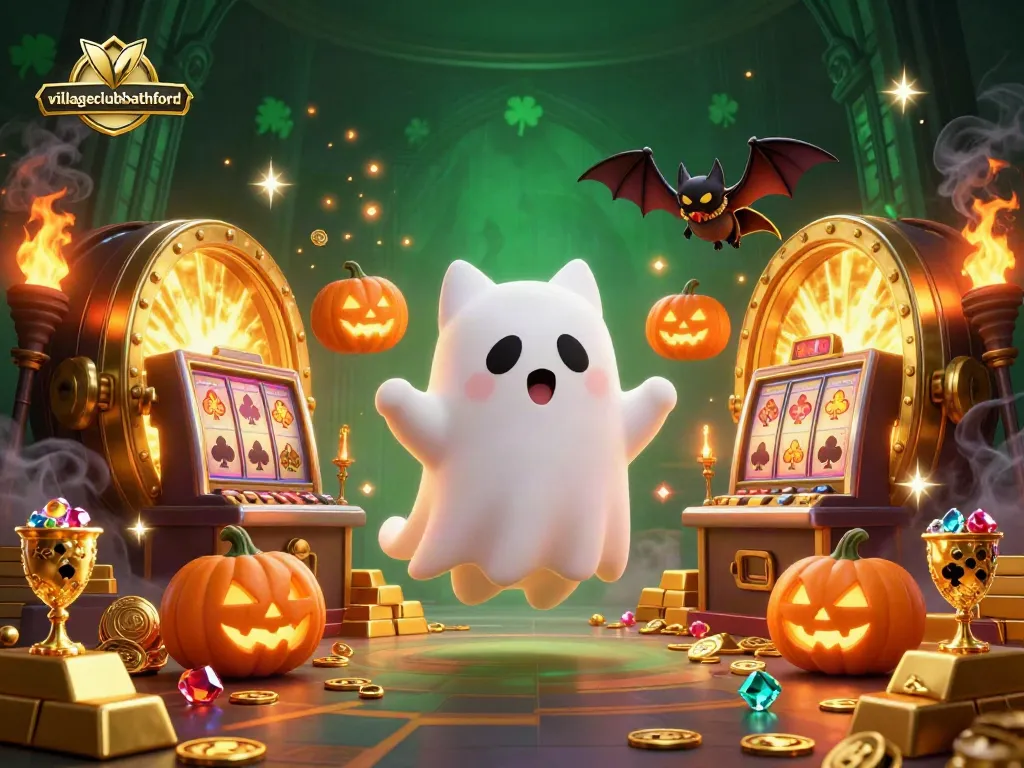 Engage with villageclubbathford's thrilling casino atmosphere featuring a ghost cat amidst vibrant gaming elements.