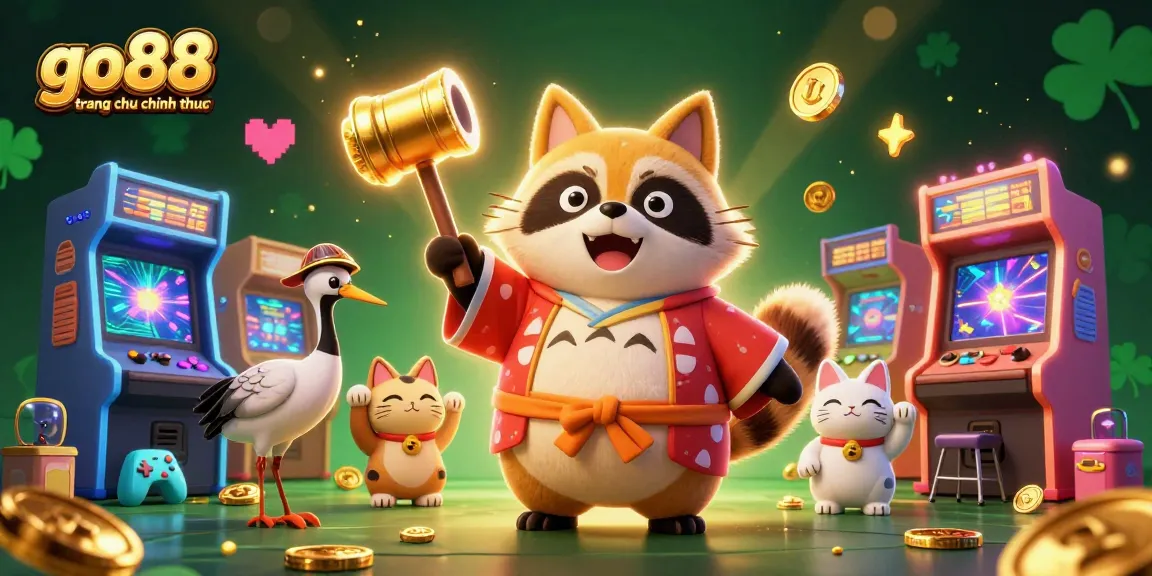 Play wins at go88 trang chu chinh thuc with cheerful tanuki and lucky symbols in a vibrant casino scene.