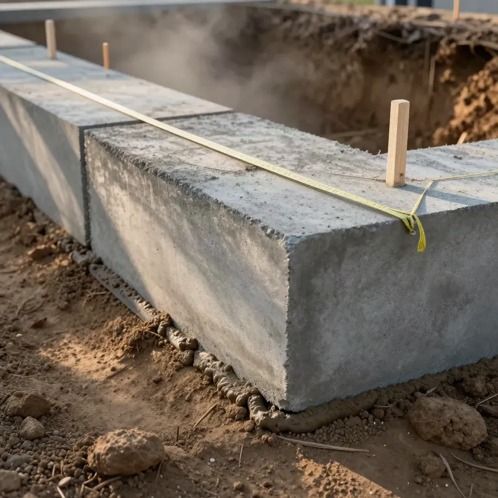 Macro of foundation blockwork in a trench with pegs, line, mortar and vapour.