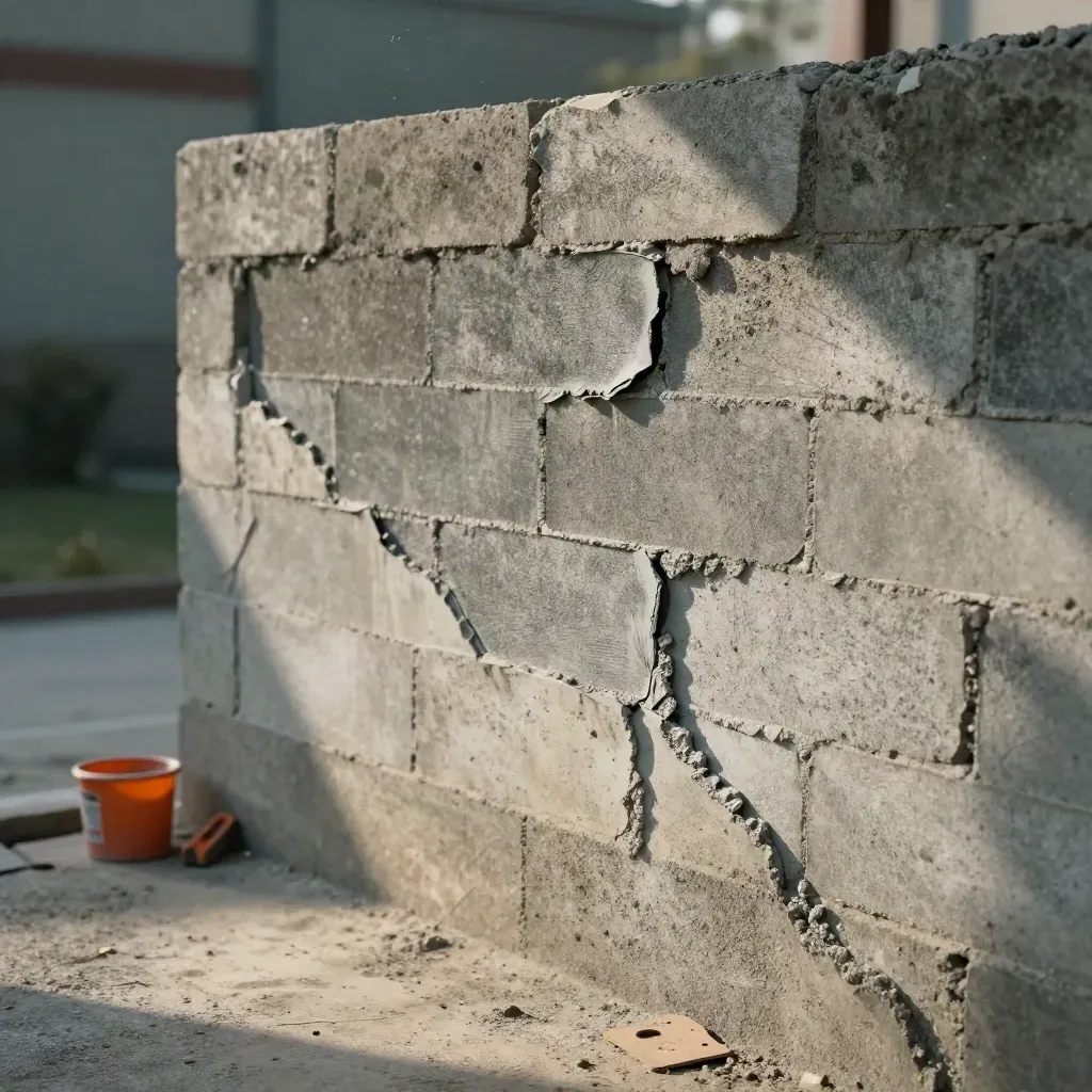 Repointed block wall with fresh mortar, cracked repairs, and drifting dust beside a weathered section.