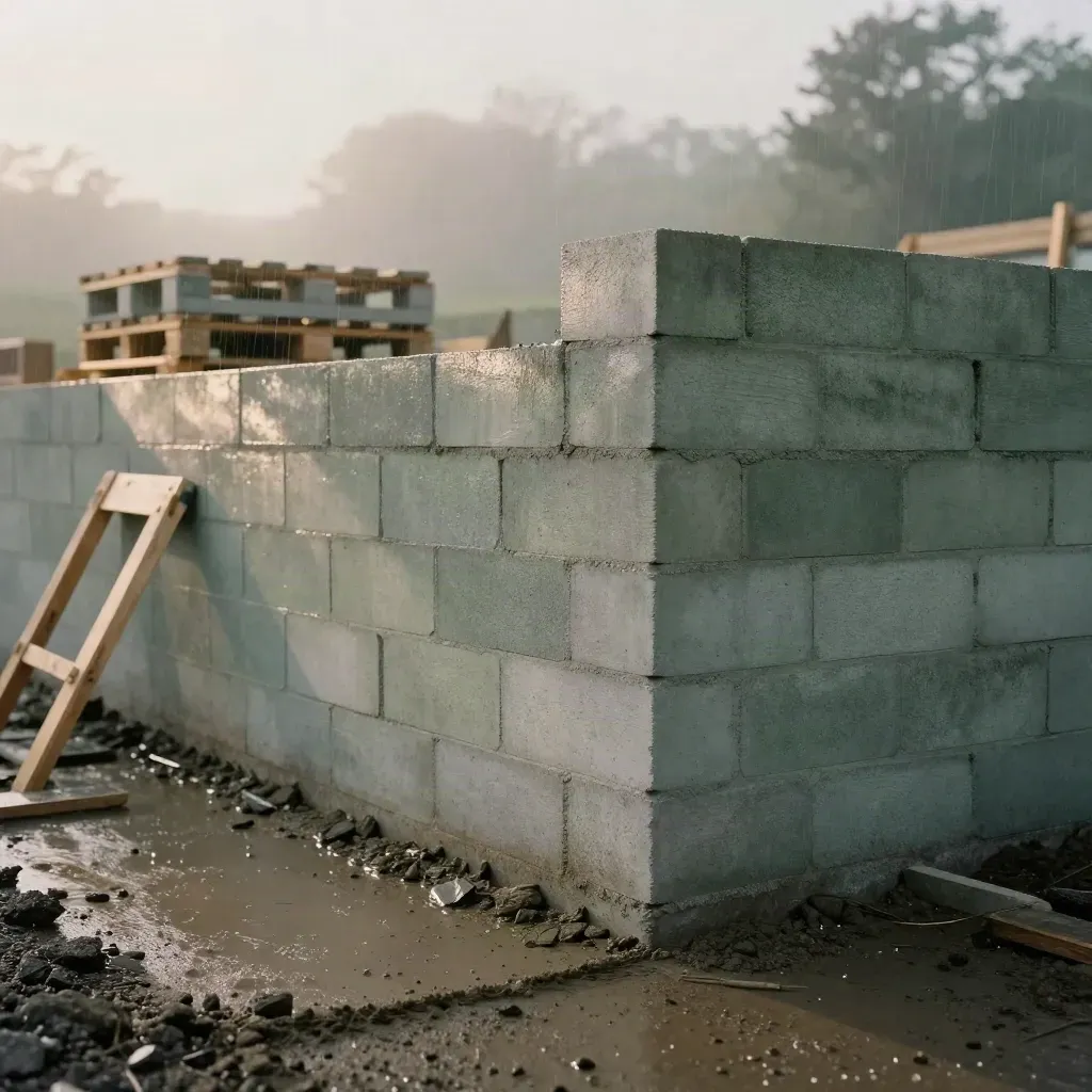 Damp garden retaining wall under dawn light beside stacked concrete blocks and timber bracing