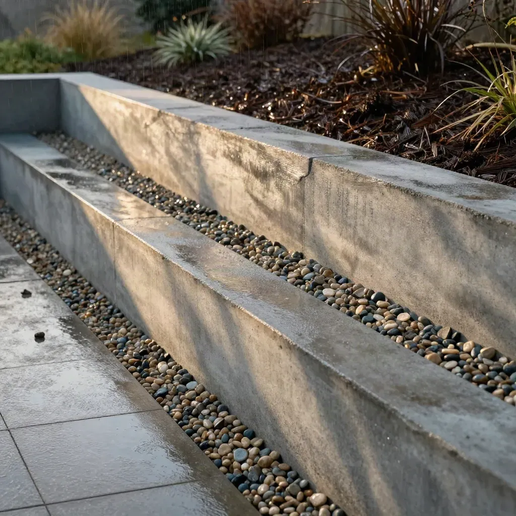Fresh concrete block retaining wall stepping up a damp garden bank with gravel drainage after rain.