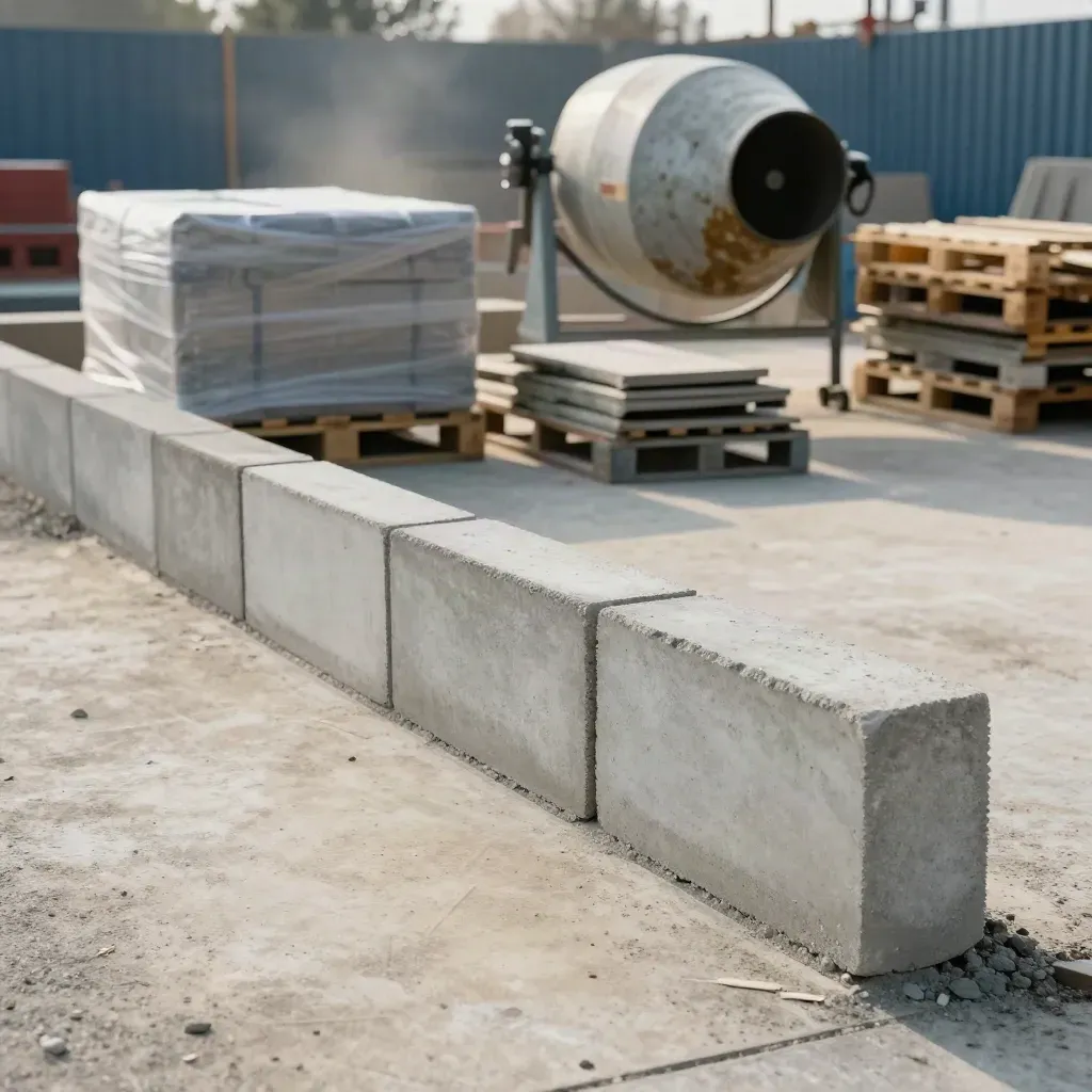 Concrete block site setup with pallets, mixer drum, offcuts and a finished edge on a clean hardstanding.
