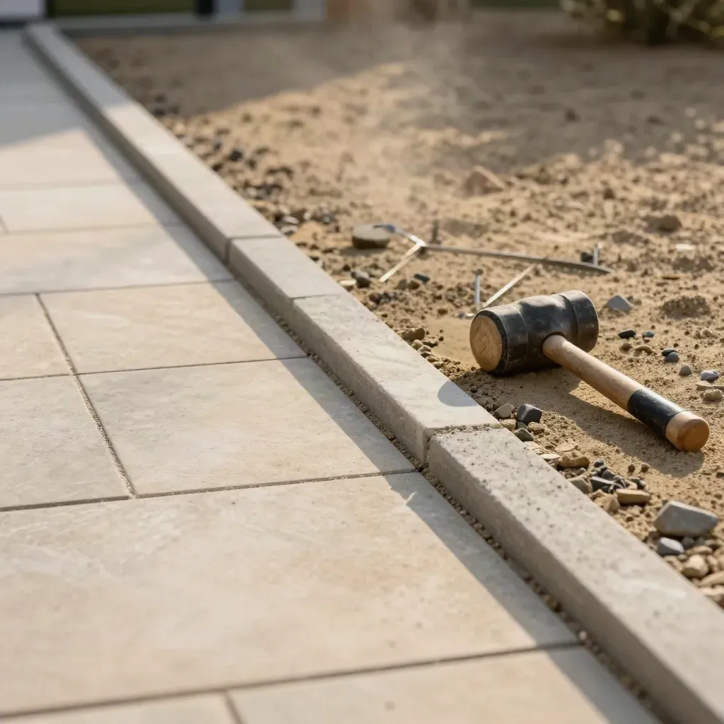 Concrete paving edge beside pale stone driveway and patio border in dramatic low light.