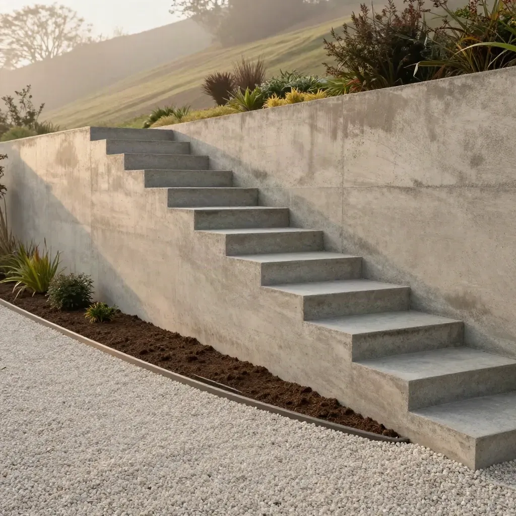 Stepped concrete garden wall holds a sloped plot above neat gravel drainage after rain.