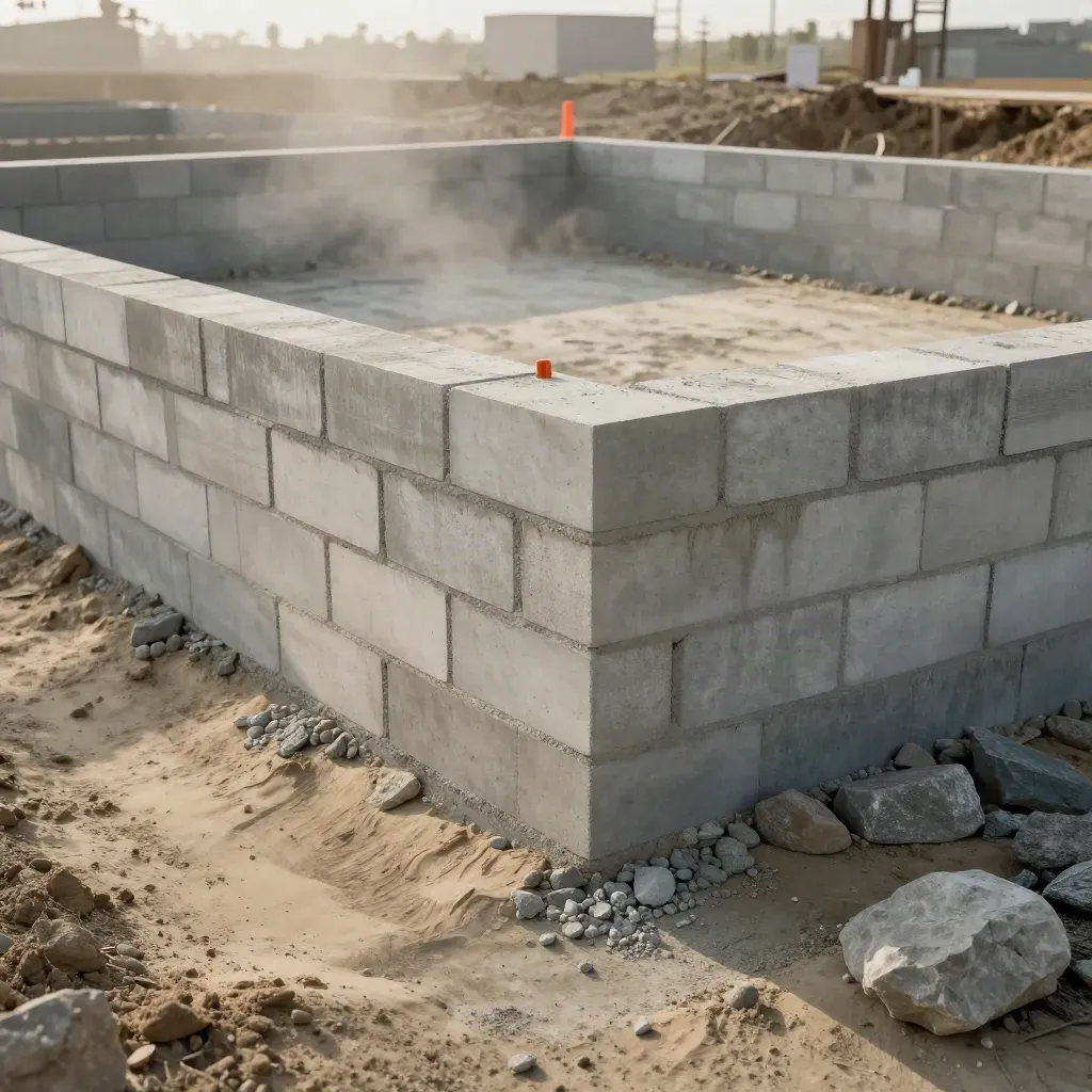 Completed block foundation footprint in a trench with hardcore and morning vapour