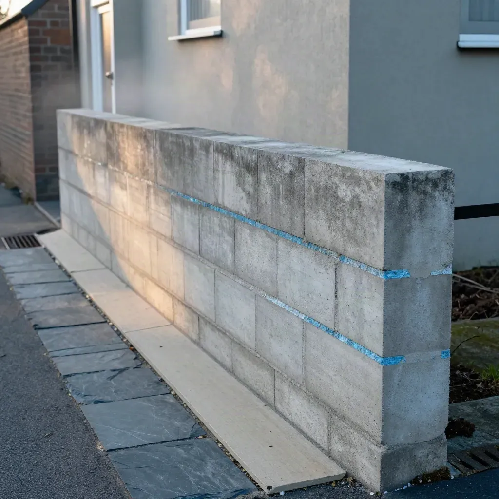 Finished side-return retaining wall with clean paving space beside it