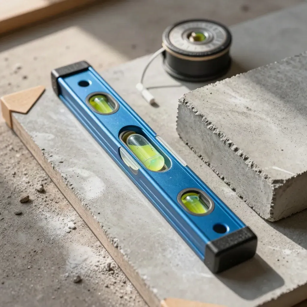 Macro of a steel-blue spirit level, chalk reel, pegs and concrete block sample on a dusty site plank.