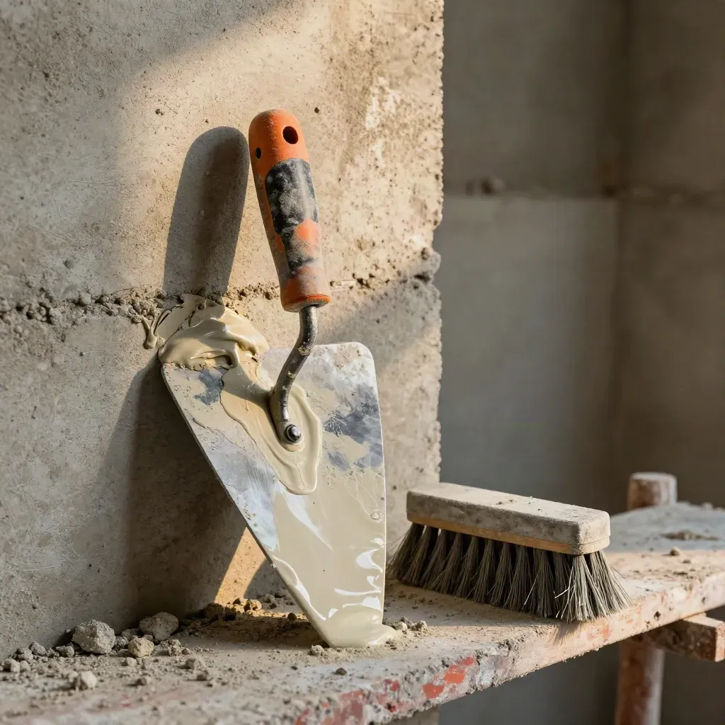 Macro of masonry tools beside a patched concrete block face with fresh repair mortar