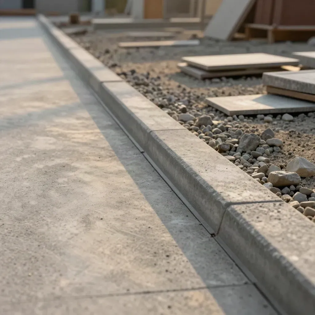 Floor-level view of a finished concrete paving edge running straight along a new driveway.