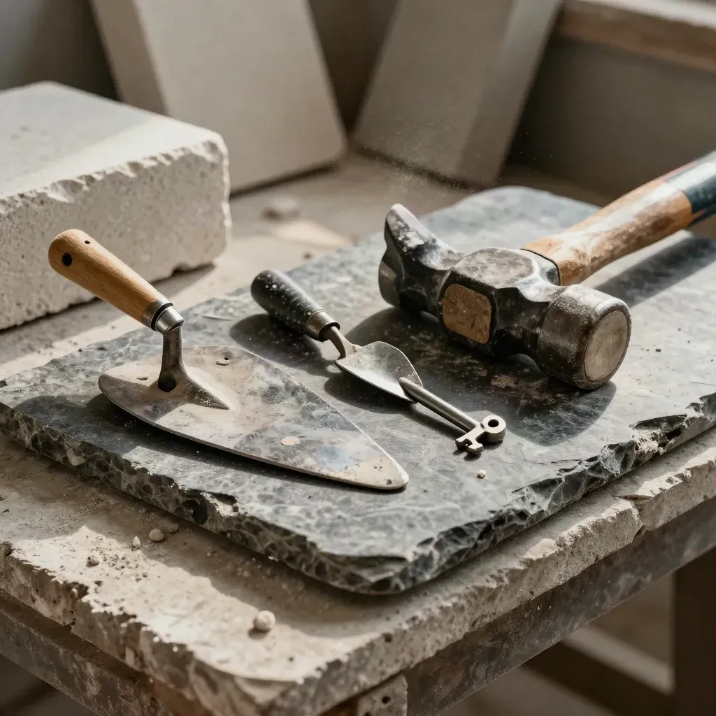 Mason's trowel, brick hammer, pointing tool and line pin on a dark stone slab with mortar dust.