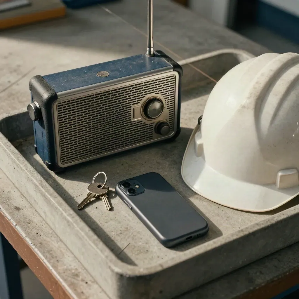 Overhead still life of site radio, hard hat, keys, and phone on a concrete tray.