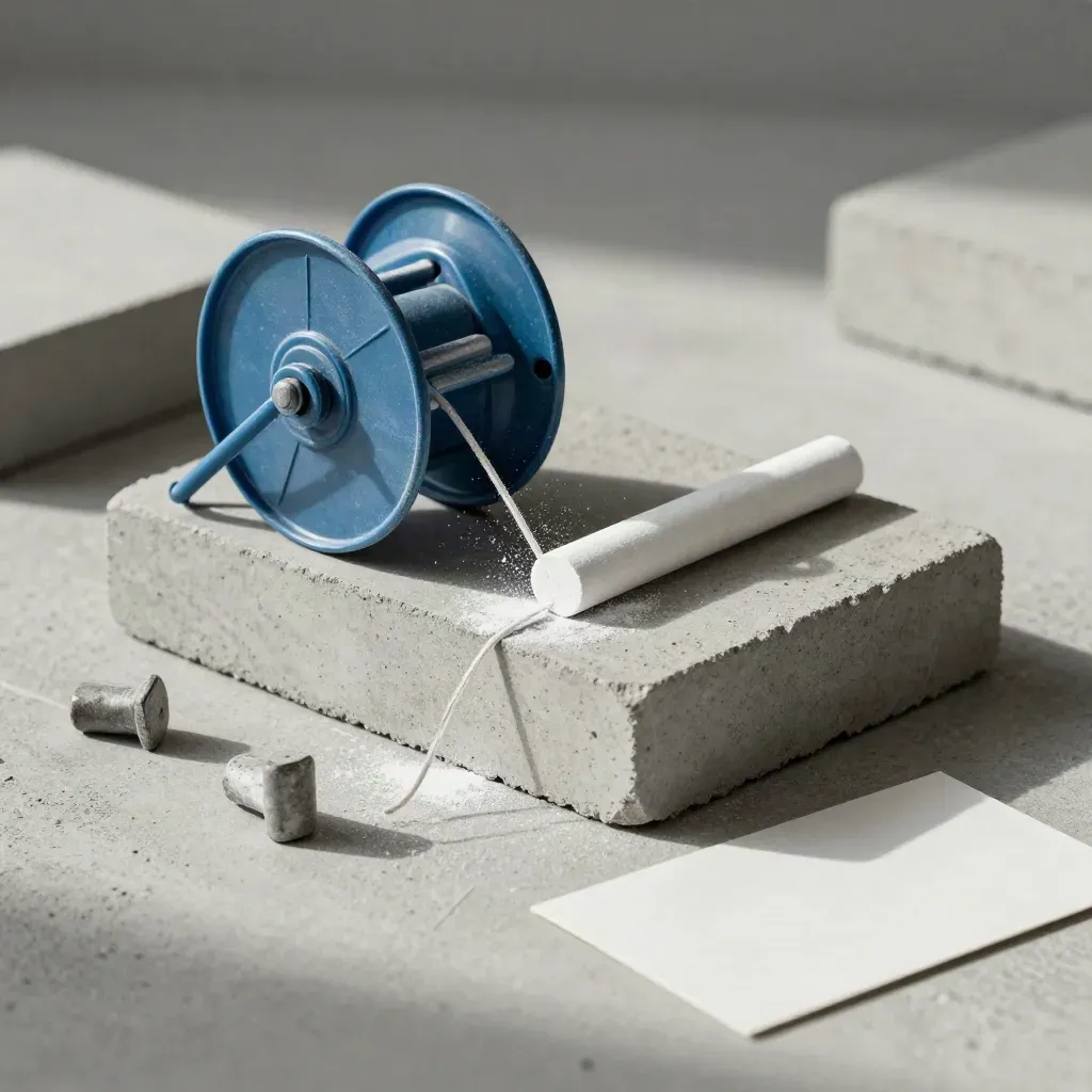 Chalk line reel, corner pegs, and taut cord crossing a concrete block edge.