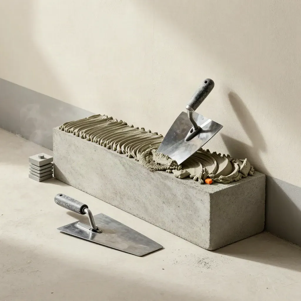 Concrete blocks, trowel and mortar beside a half-built wall with orange spacer and steam.