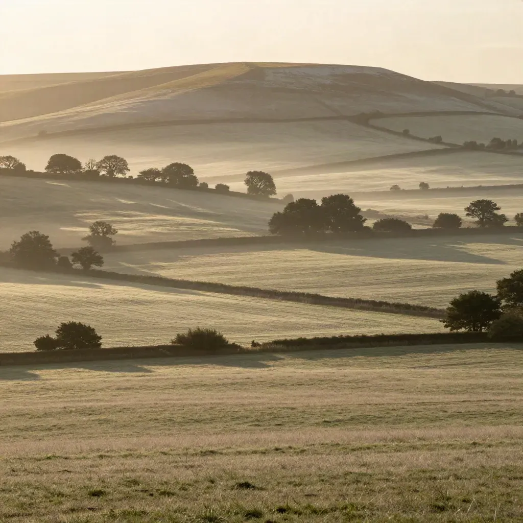 Misty golden-hour Surrey chalk downs with rolling fields and a ridge high in frame.