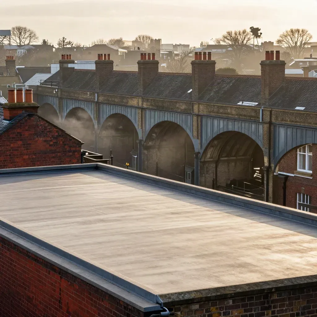 Hazy South London rooftops and railway arches above a calm rooftop foreground
