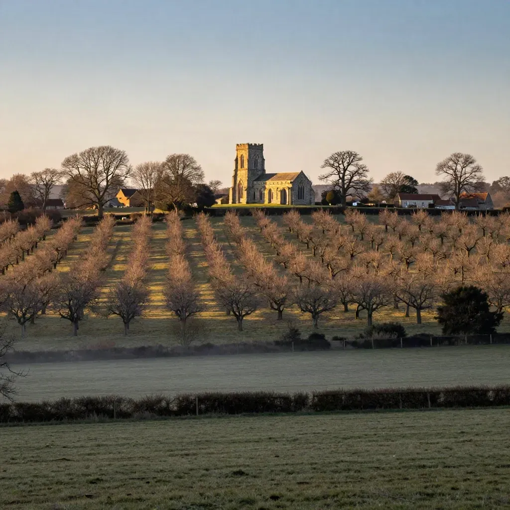Golden Kent orchards with a flint church above calm haze and low hedgerows.