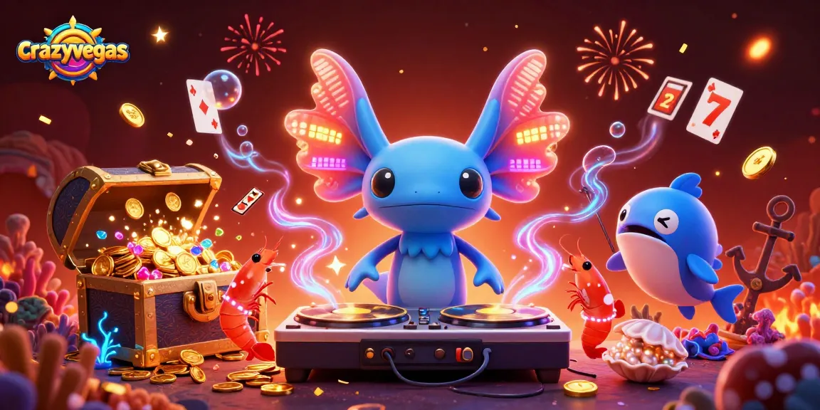 Experience thrilling slots with crazyvegas: a neon axolotl DJ spins golden records amidst a vibrant underwater party.