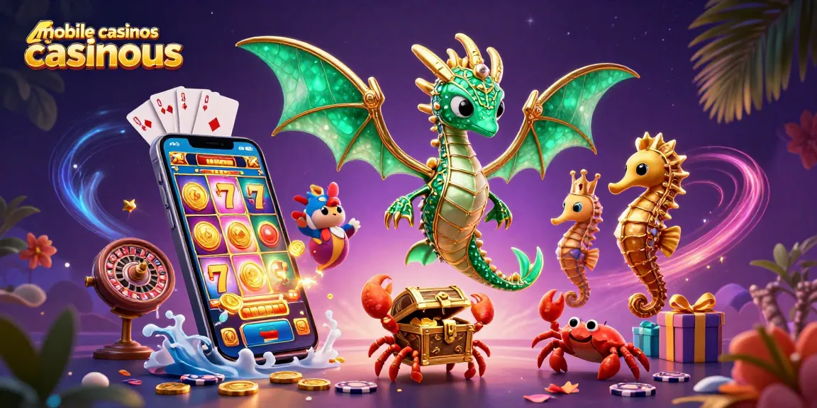 Engaging 3D scene showcasing mobile casinos casinous with vibrant gaming elements and mythical sea characters.