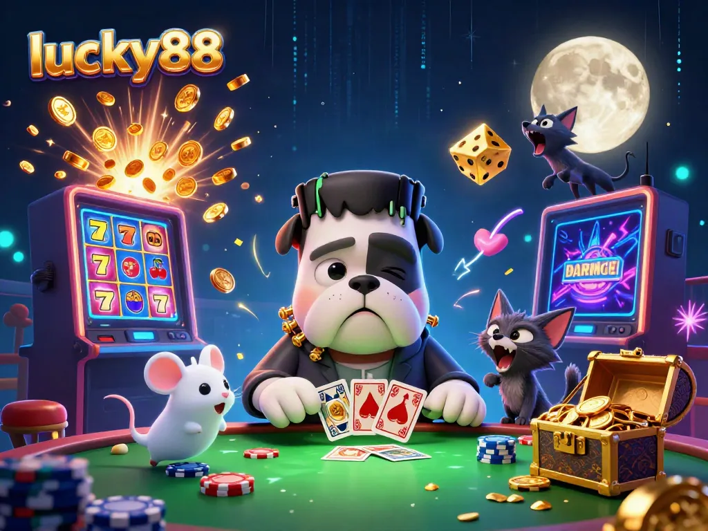 Experience the excitement of lucky88 at a spooky casino table with 3D characters and vibrant game effects.