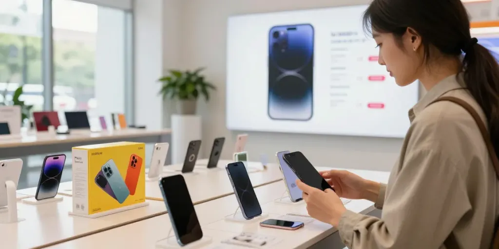 Customer finding the lowest price while shopping in a modern retail space.
