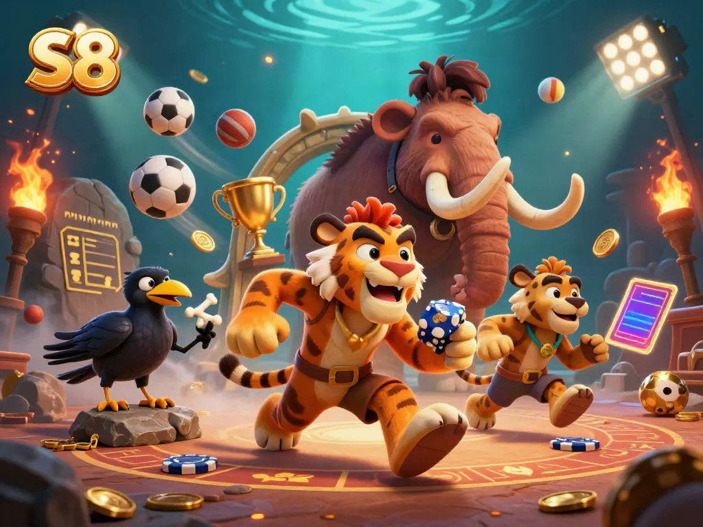 Experience the thrilling S8 casino adventure with our caveman duo and their clever crow companion.