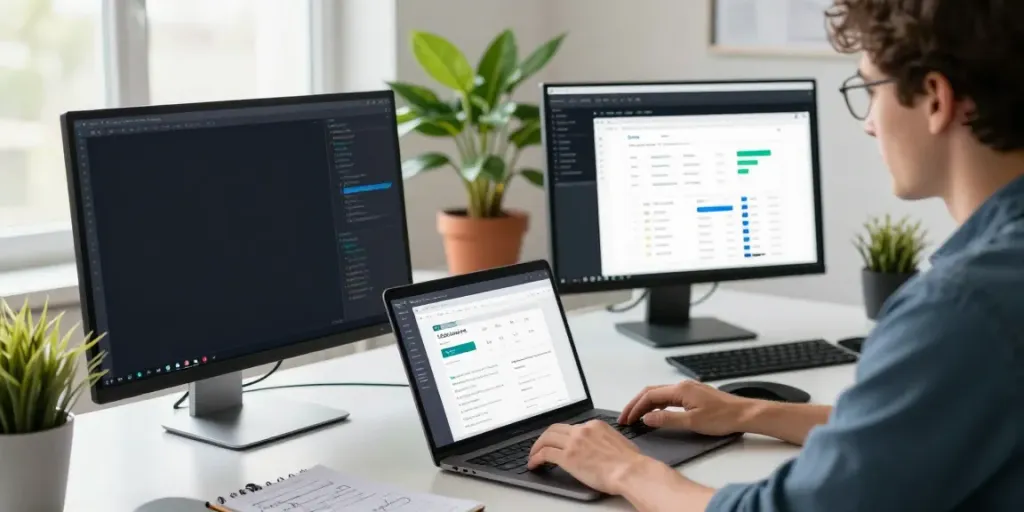 Developer setting up instant indexing tools in a modern digital workspace, showcasing tech gadgets and coding interfaces.