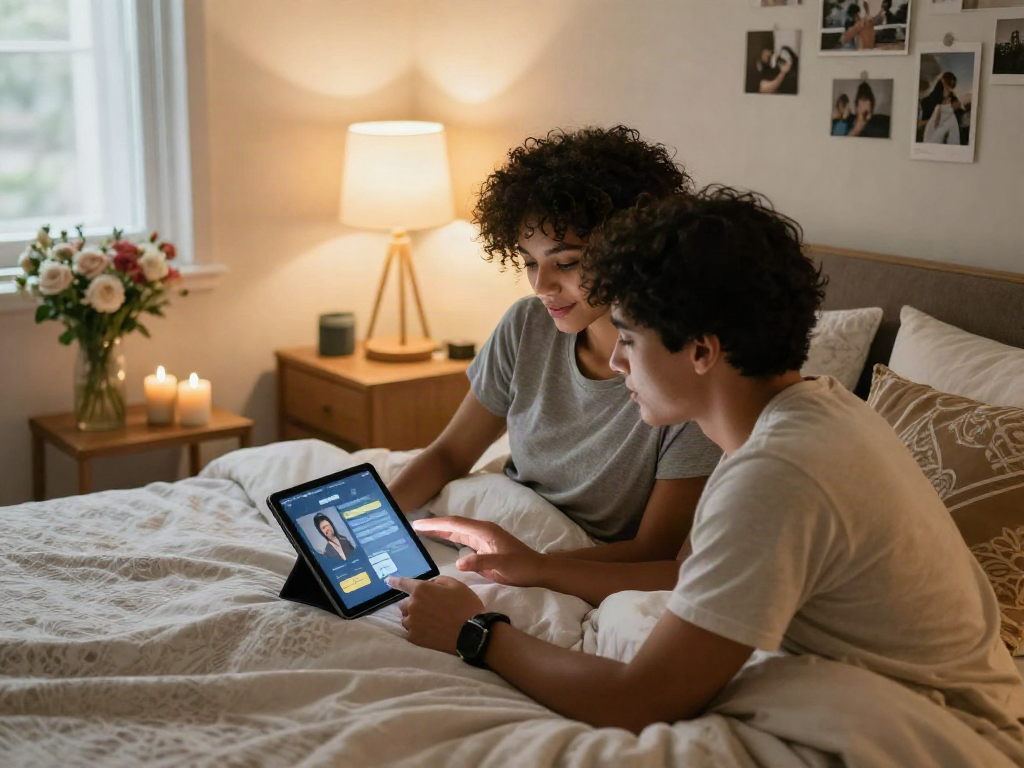 Couple exploring sex ai on a tablet in a romantic bedroom.